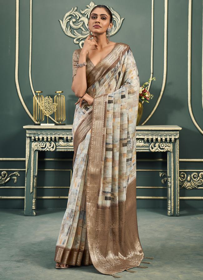 Model Cotton Brown Party Wear Printed Saree